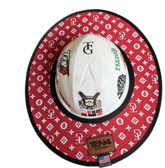 TG Red Hard Hat Sun Shade Visor, red patterned shade on a white hard hat, overhead view