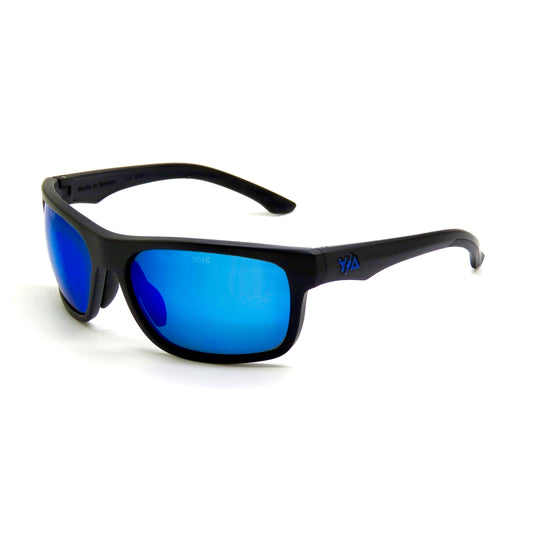 Z87+ FullViz Deep Blue, black frame and blue mirrored lenses, three-quarter view
