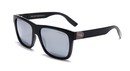 Z87 MADHOOK2.0 LR: MIRROR POLARIZED, black frame and mirrored lenses, three-quarter view