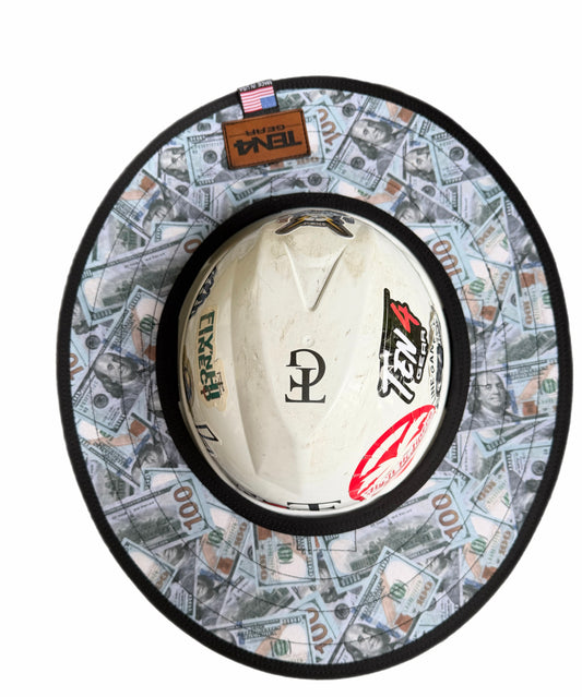 Blue Strips Hard Hat Sun Shade Visor, patterned shade mounted on a hard hat, overhead view