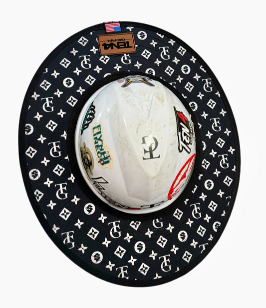 TG Black Hard Hat Sun Shade Visor, black and white pattern mounted on a white hard hat