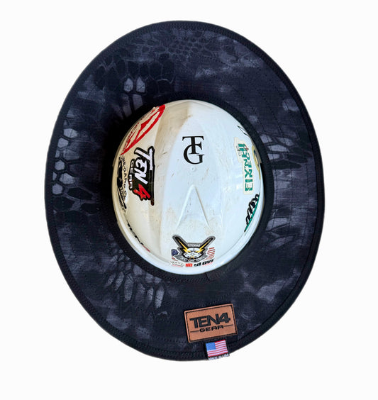 Typhon Camo Hard Hat Sun Shade Visor, dark camo shade mounted on a white hard hat