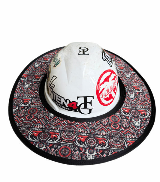 The Cowboy Hard Hat Sun Shade Visor, mounted on a white hard hat, viewed from above