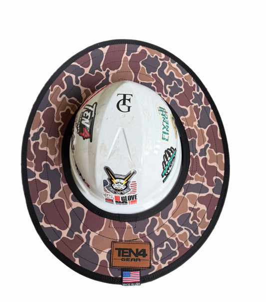 Duck Camo Hard Hat Sun Shade Visor, brown duck camo shade mounted on a white hard hat, overhead view