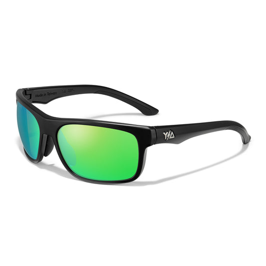 Z87+ FullViz Green Revo, black frame and green mirrored lenses, three-quarter view