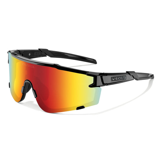 Z87+ HiViz 2.0 Red Revo, wraparound mirrored lens in a black frame, three-quarter view