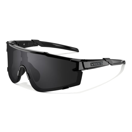 Z87+ HiViz 2.0 ALL Black, black wraparound frame and dark lens, three-quarter view