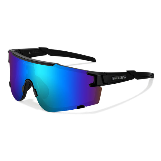 Z87+ HiViz 2.0 Matte Ice Blue, black wraparound frame and blue mirrored lens, three-quarter view