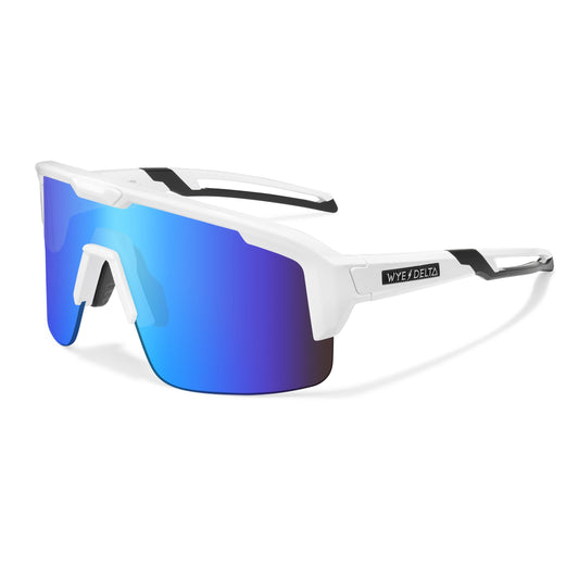 Z87+ REACTIV WHITE BLAST, white wraparound frame and mirrored lens, three-quarter view