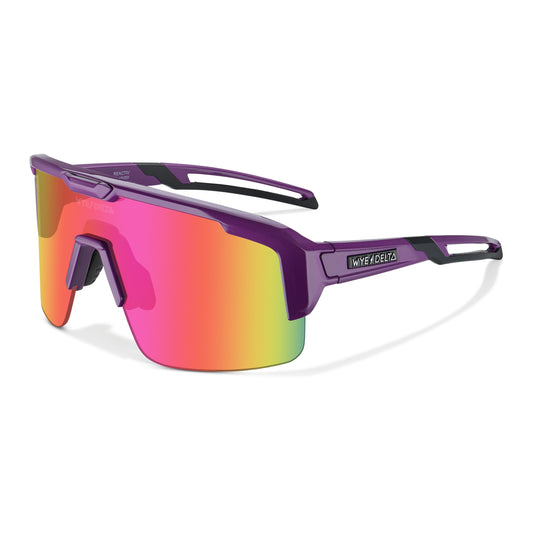 Z87+ REACTIV Spectrum, purple wraparound frame and rainbow mirrored lens, three-quarter view
