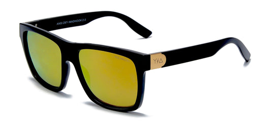 Z87 Madhook 2.0 LR: GOLD POLARIZED, black frame and mirrored lenses, three-quarter view