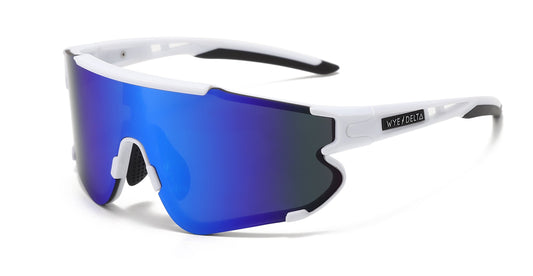 Z87+ HiViz White Deep Blue Mirror, white frame and blue mirrored wraparound lens, three-quarter view