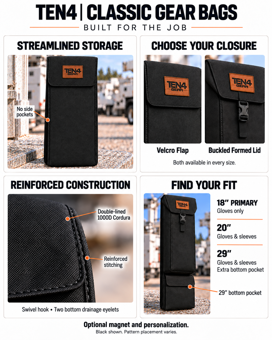 TEN4 Classic gear bag feature highlights: no side pockets, Velcro Flap or Buckled Formed Lid, double-lined 1000D Cordura, reinforced stitching, and 18 Primary, 20 and 29 inch fit guide.