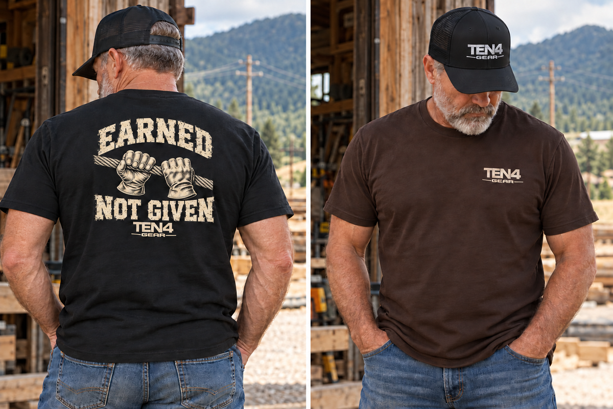 TEN4 Earned Not Given tee — weathered cream artwork on black and dark chocolate, front and back on model