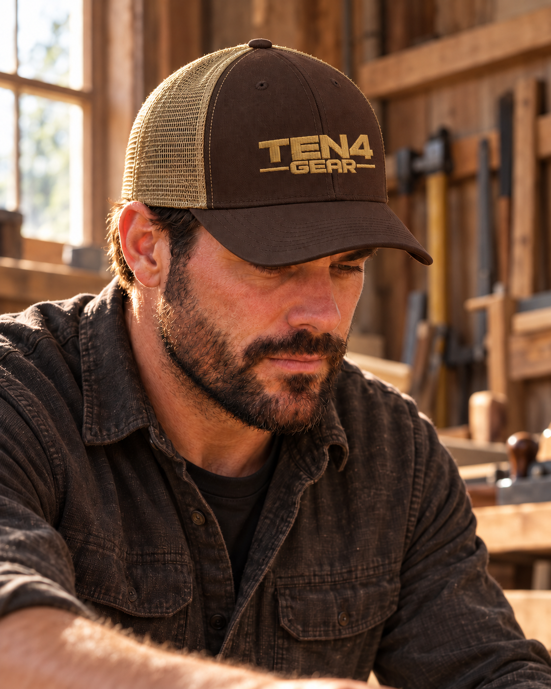 TEN4 Heritage Trucker Hat in Brown/Khaki with Old Gold embroidered logo, worn by a rugged man looking down in a workshop