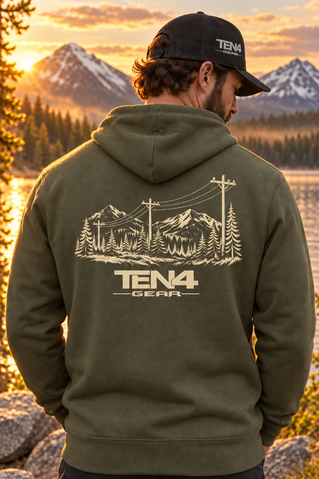 TEN4 High Country Military Green hoodie with natural cotton texture and cream mountain design in golden lake light