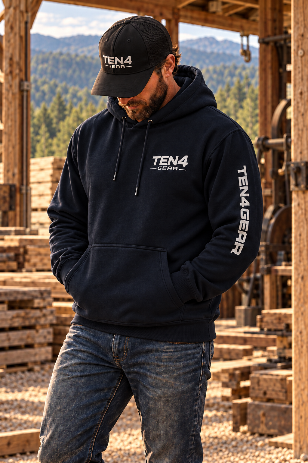 TEN4 Signature Hoodie in Navy Blazer, cream chest and one-line left sleeve logo on model at a rustic sawmill