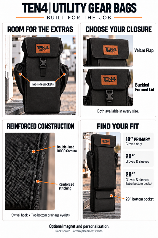 TEN4 Utility gear bag feature highlights: two side pockets, Velcro Flap or Buckled Formed Lid, double-lined 1000D Cordura, reinforced stitching, and 18 Primary, 20 and 29 inch fit guide.
