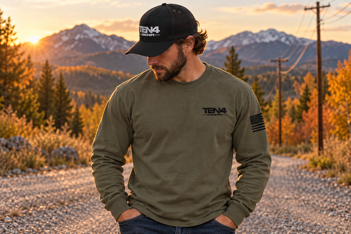 TEN4 workdaygreen with natural cotton texture, actual black mesh trucker cap and warm fall scenery