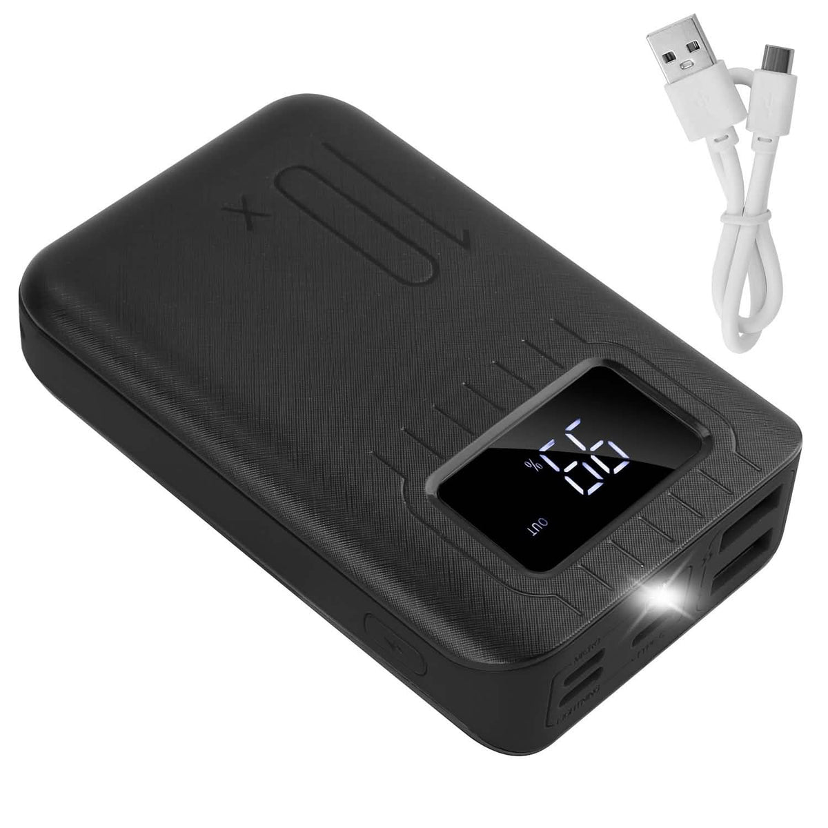 Black 10,000mAh power bank shown with a USB charging cable