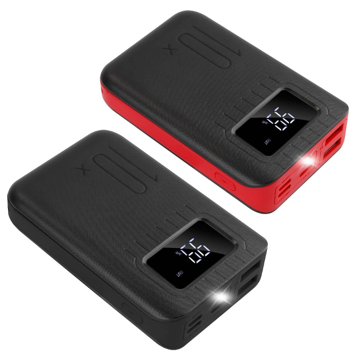 Black and red 10,000mAh power banks with digital battery displays