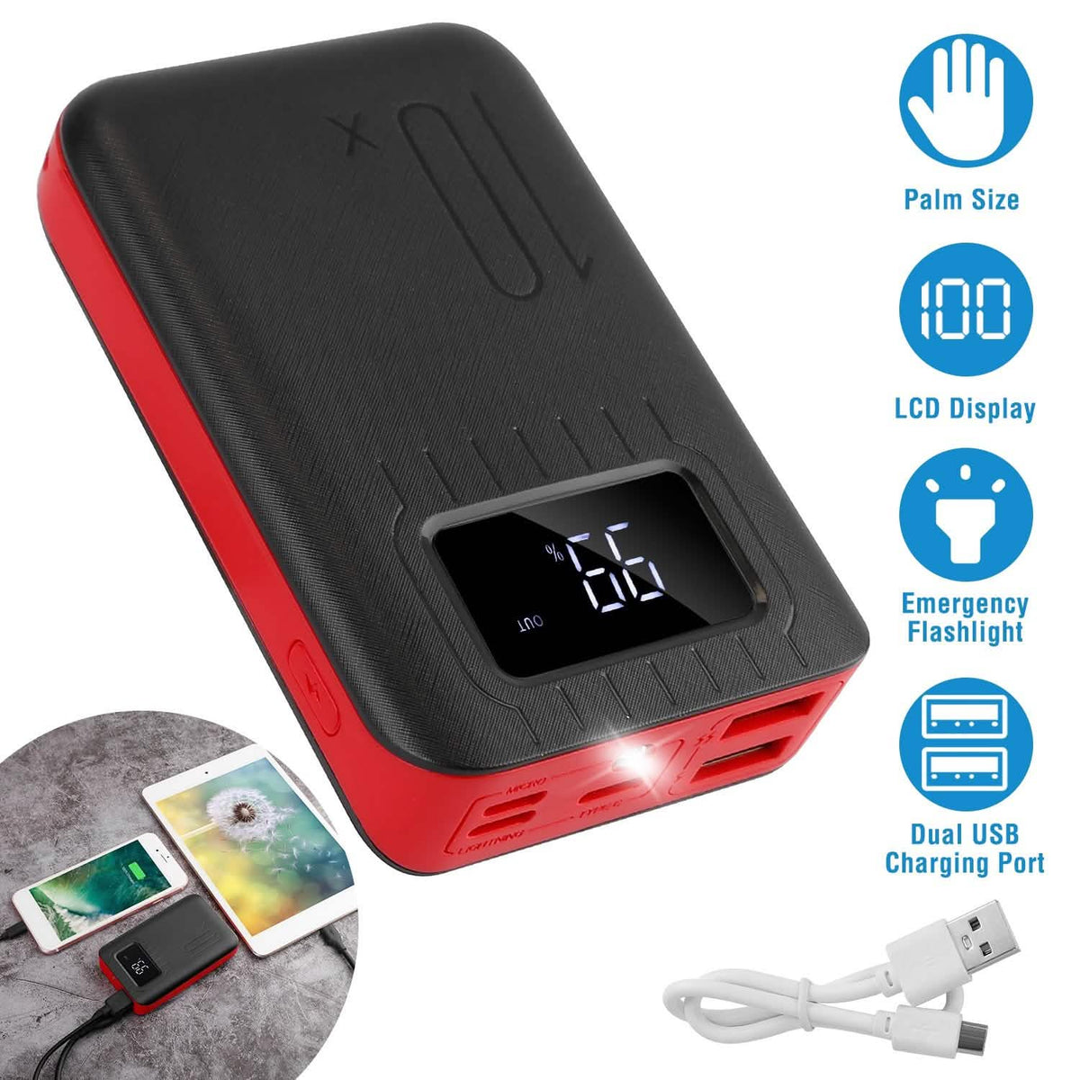 Red and black power bank feature graphic showing charging and display functions