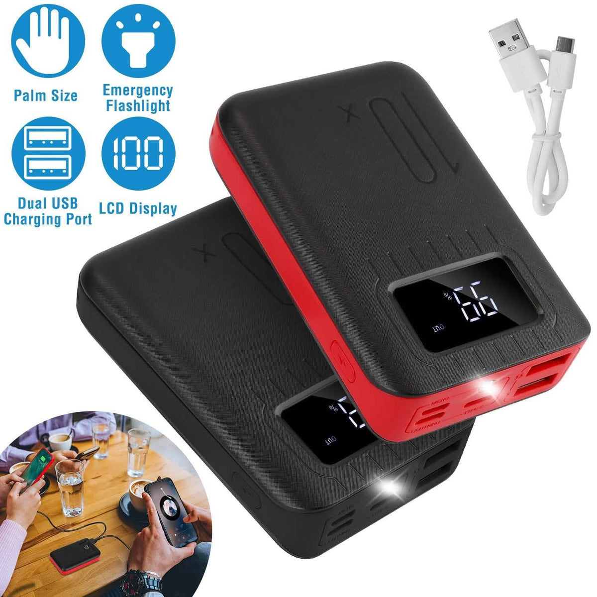 Power bank feature graphic showing portable size, flashlight, and LCD display