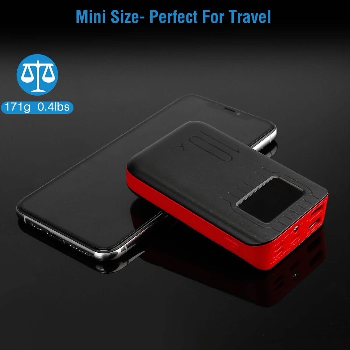 Compact power bank size comparison graphic beside a smartphone