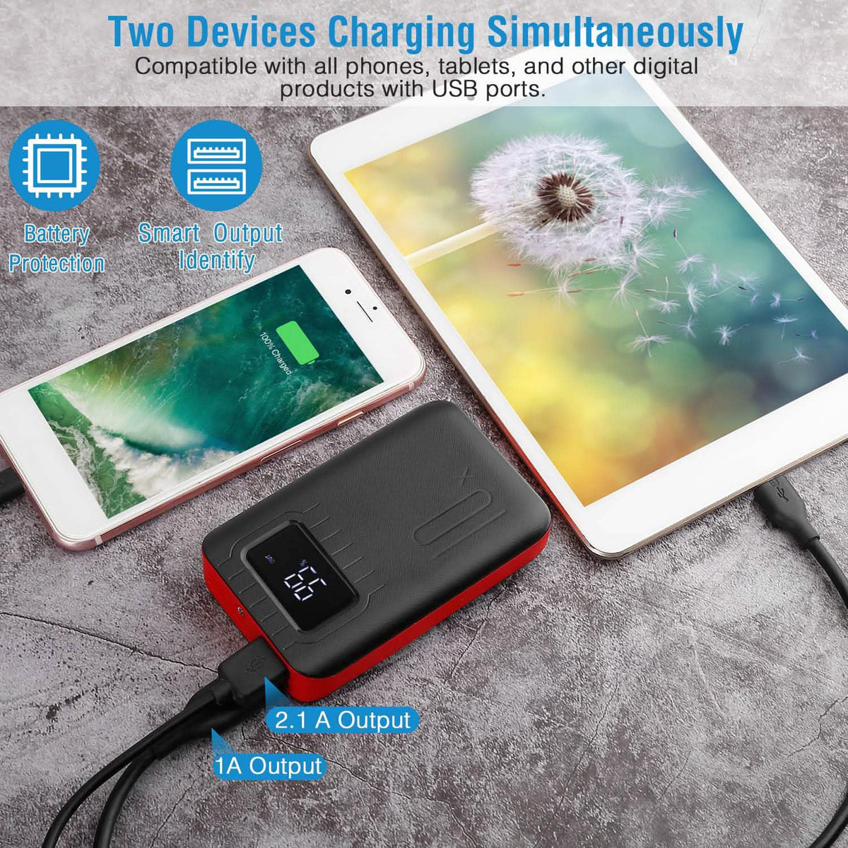 Power bank charging a phone and tablet simultaneously