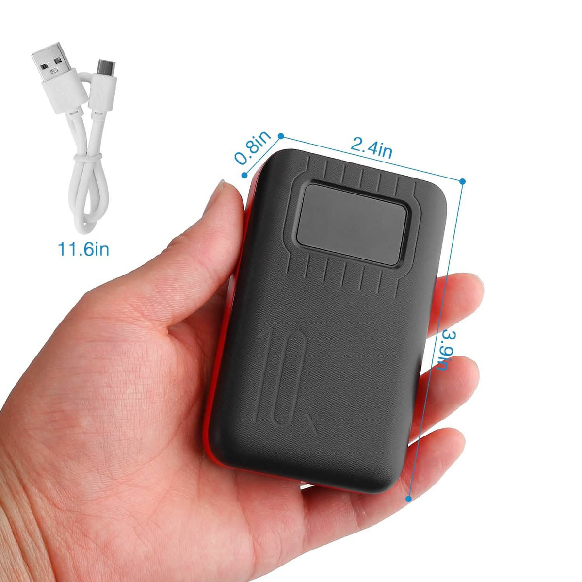 Compact black power bank held in one hand beside a USB cable