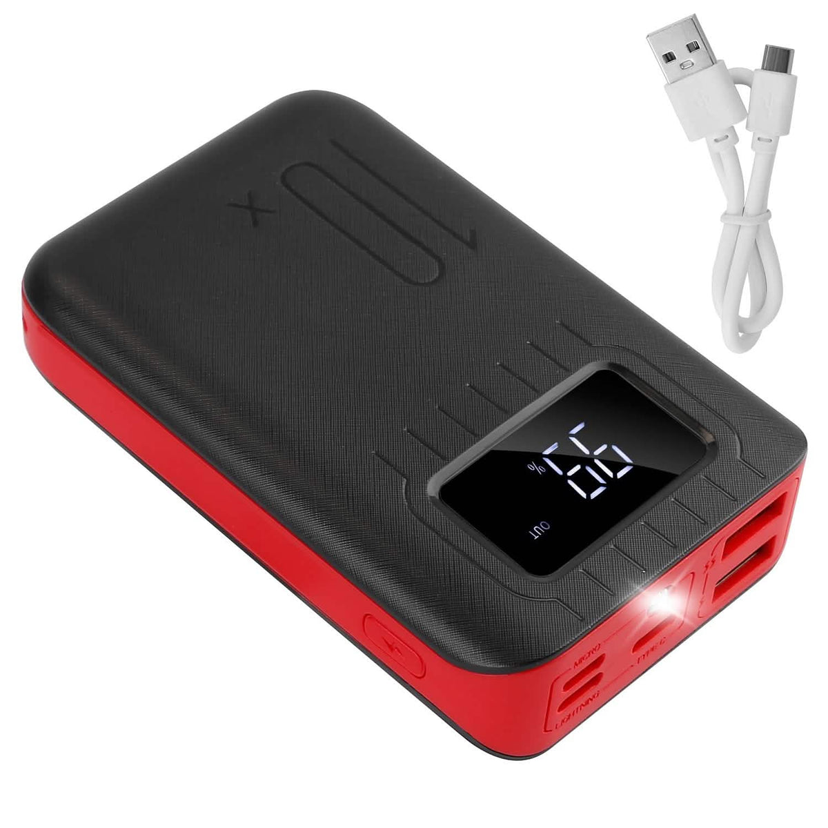 Red and black 10,000mAh power bank shown with a USB charging cable