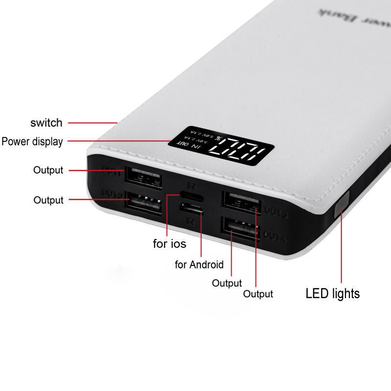 Power bank diagram labeling the switch, battery display, output ports, and LED lights