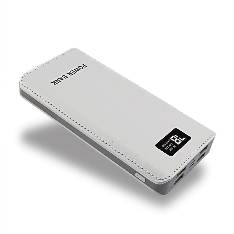 White four-USB power bank with digital battery display, angled view