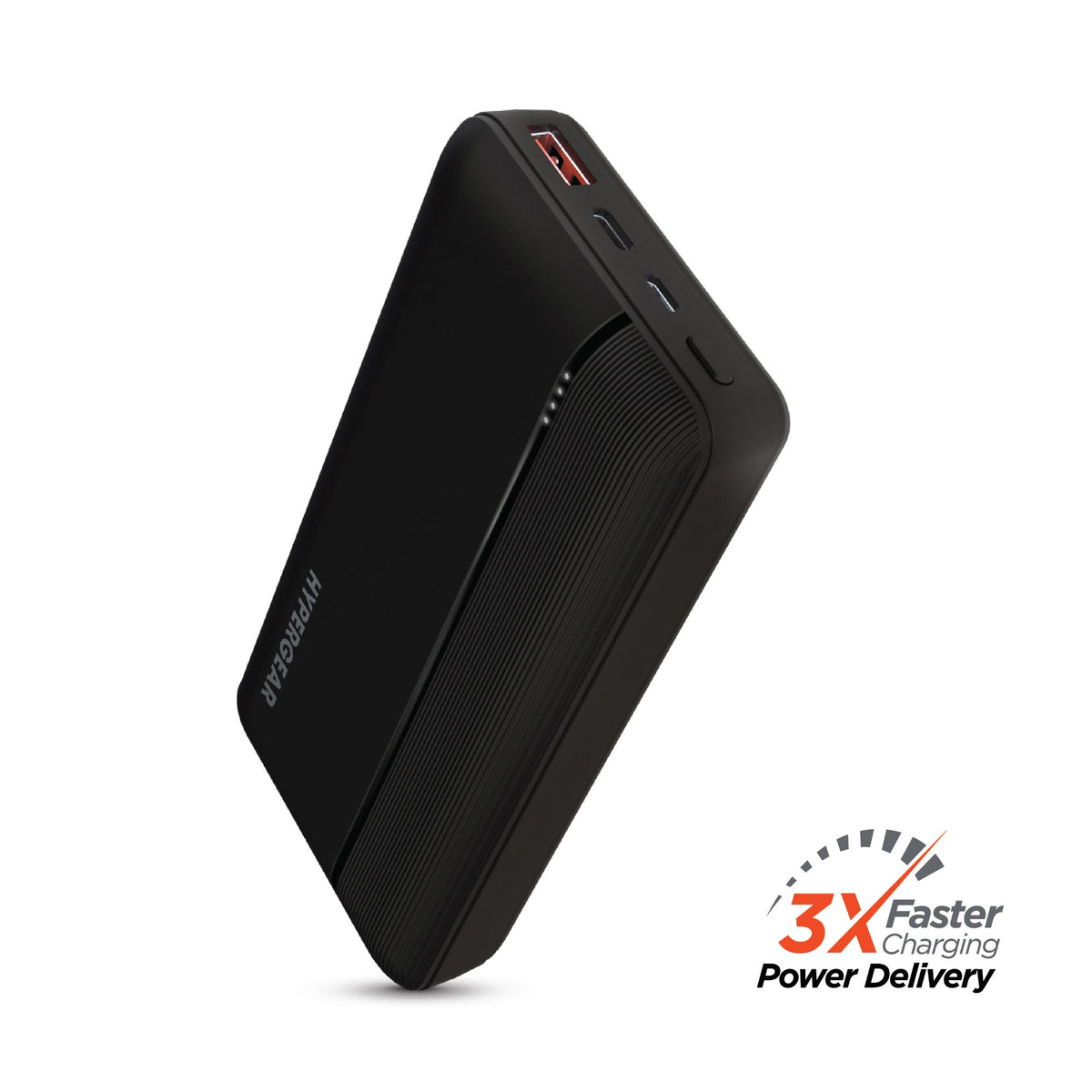 Black 20W USB-C PD power bank, angled view