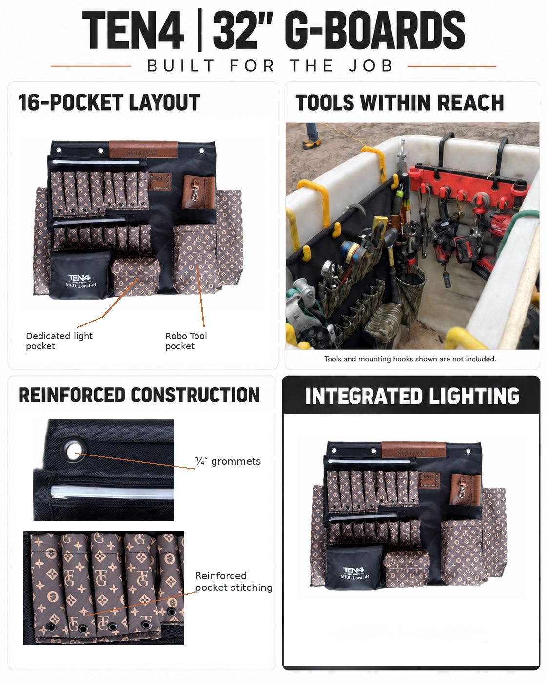 32″ G Board – Lighted Lineman Tool Board, feature graphic showing pocket layout, construction, and integrated lighting