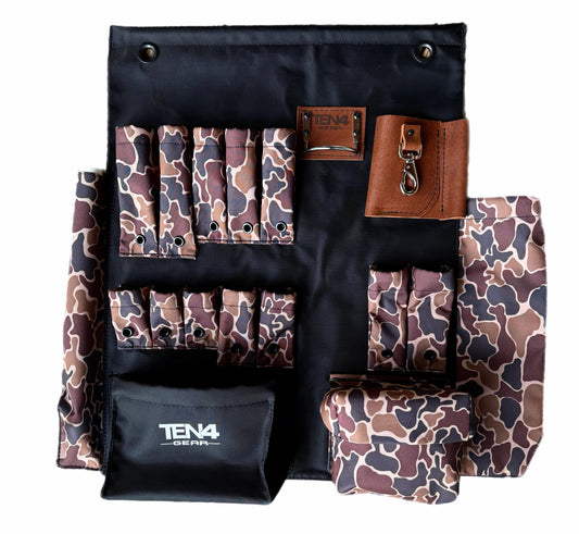 24″ Lineman Bucket Tool Board, brown camo tool board with leather knife sheath and lower pouches