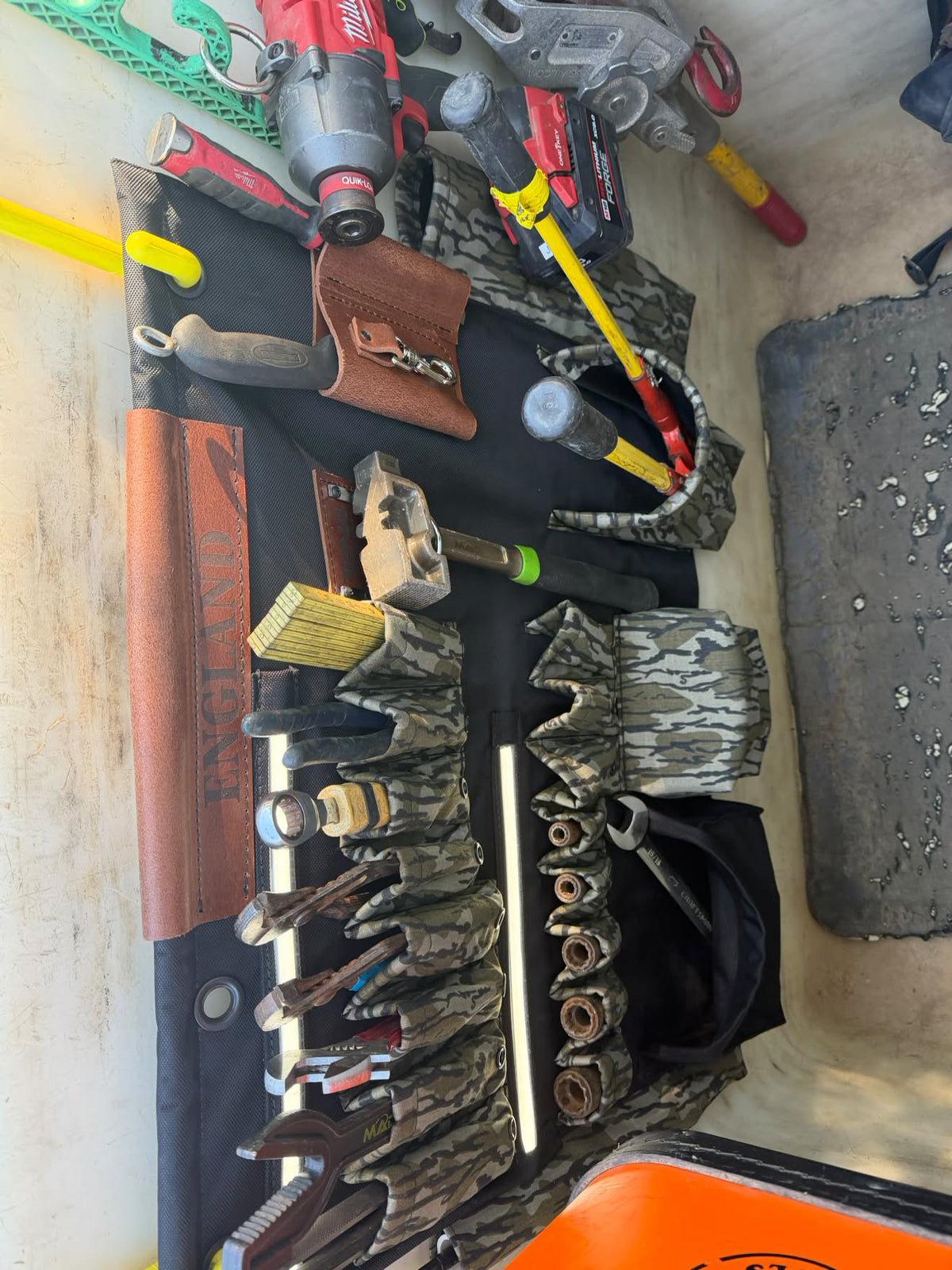 32″ G Board – Lighted Lineman Tool Board, loaded with hand tools and mounted in a work bucket