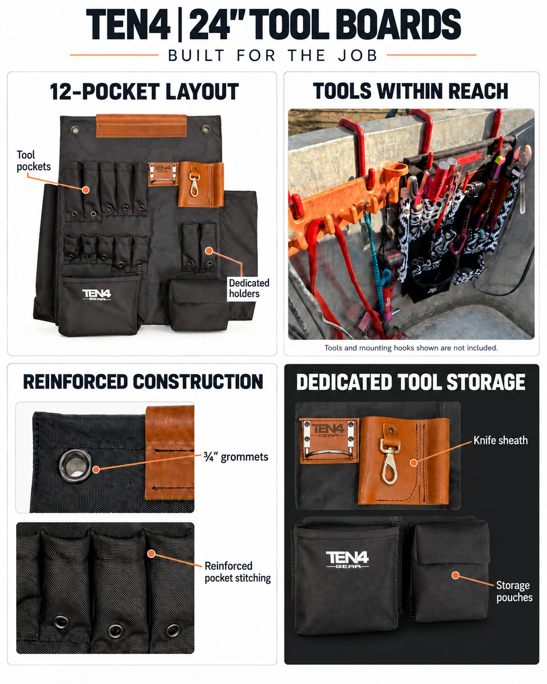 24″ Lineman Bucket Tool Board, feature graphic showing pocket layout, construction, and dedicated tool storage