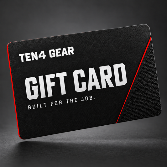 Ten4 Gear gift card graphic in black and red, reading Built for the Job