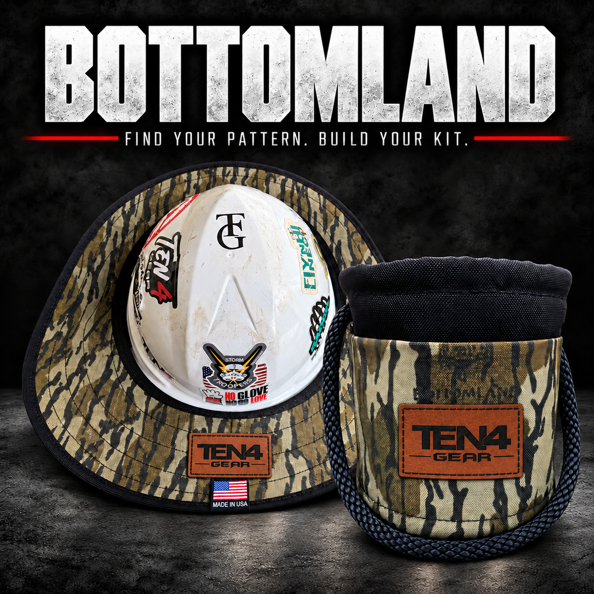Bottomland matching set with matching brown rectangular TEN4 Gear patches; hard hat not included