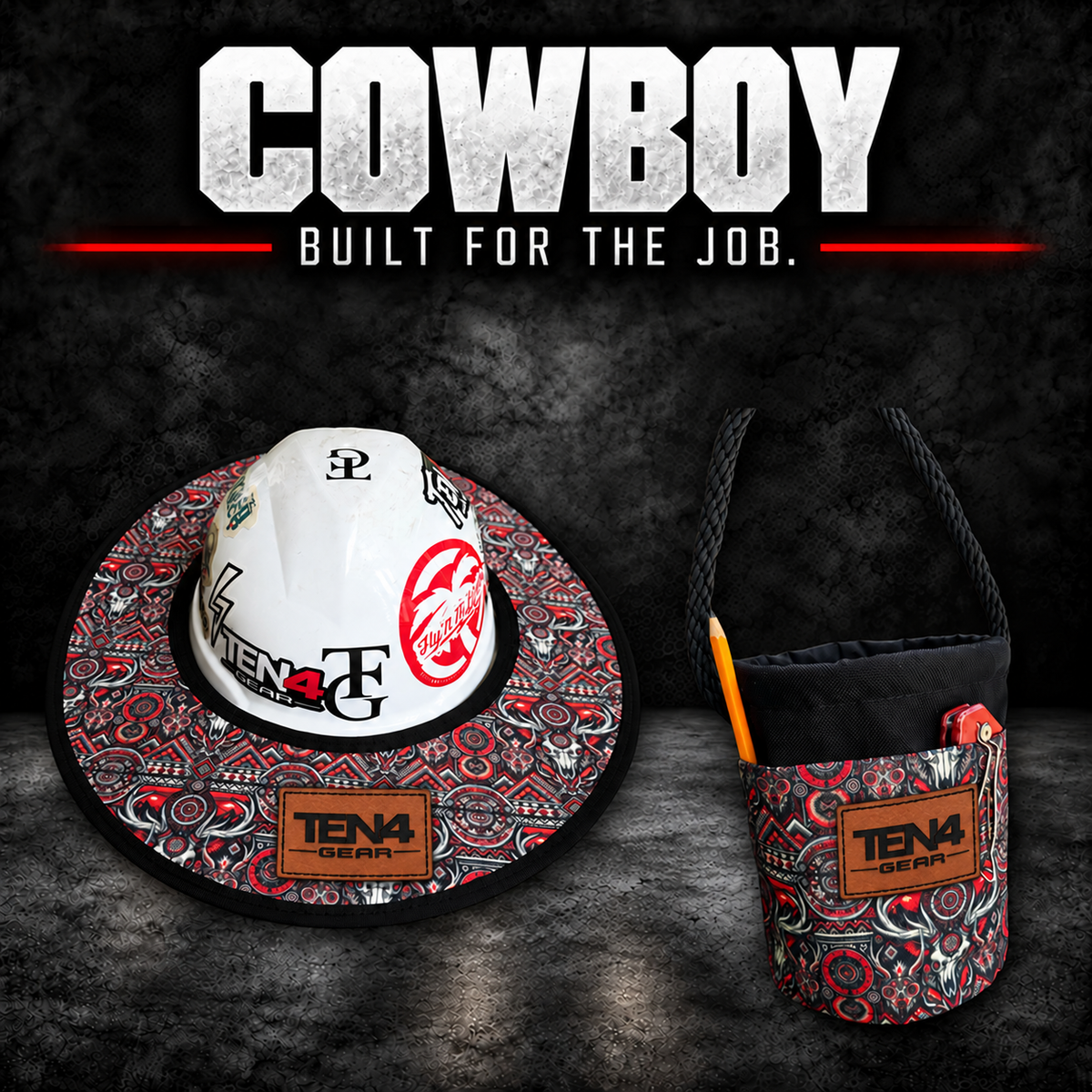 Cowboy matching set with matching brown rectangular TEN4 Gear patches; hard hat not included