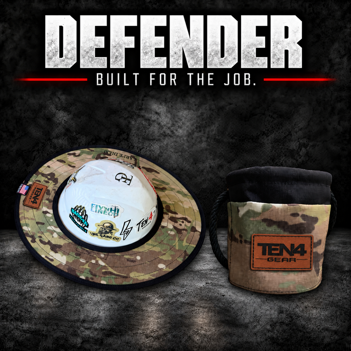 Defender matching set with matching brown rectangular TEN4 Gear patches; hard hat not included