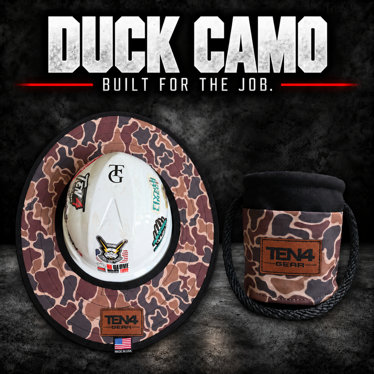 Duck Camo matching set with matching brown rectangular TEN4 Gear patches; hard hat not included