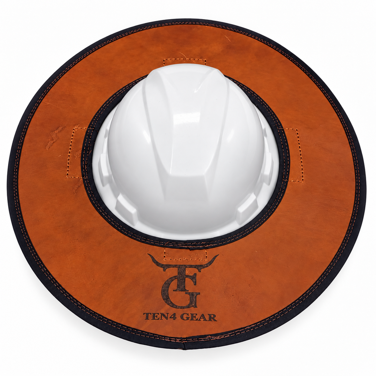 Dutton Ranch brown leather sunshade with Ten4 Gear logo mounted on a white hard hat. Hard hat not included.