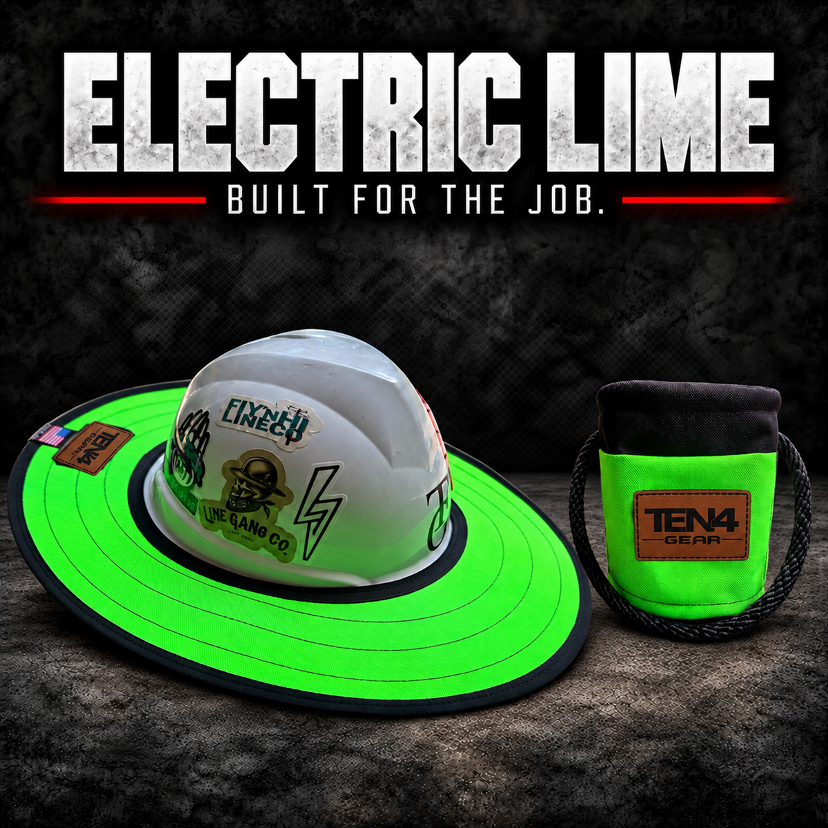 Electric Lime matching set with matching brown rectangular TEN4 Gear patches; hard hat not included
