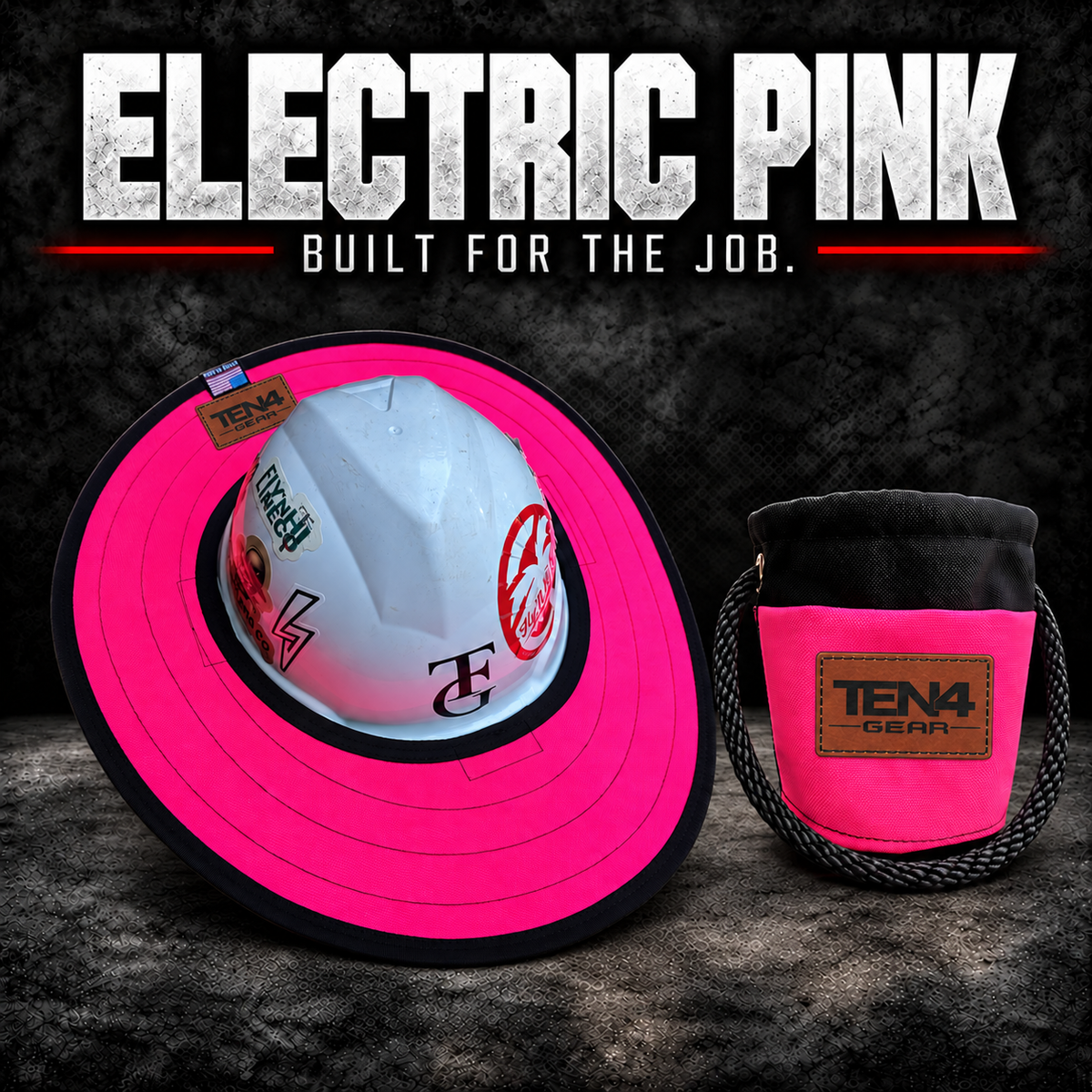 Electric Pink matching set with matching brown rectangular TEN4 Gear patches; hard hat not included