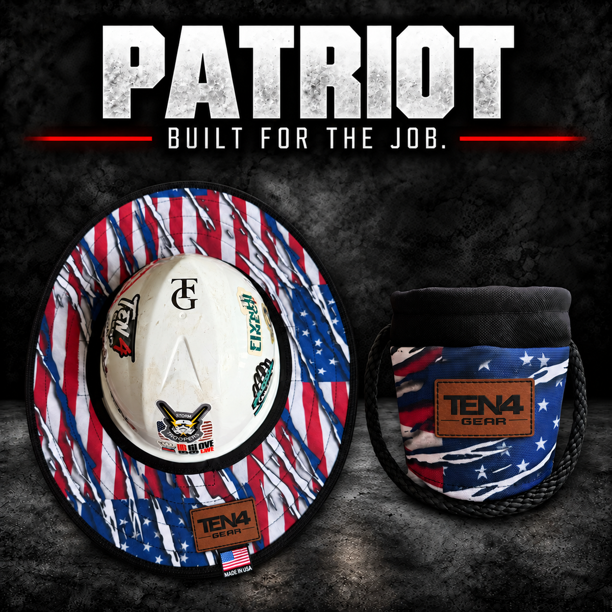 Patriot matching set with matching brown rectangular TEN4 Gear patches; hard hat not included