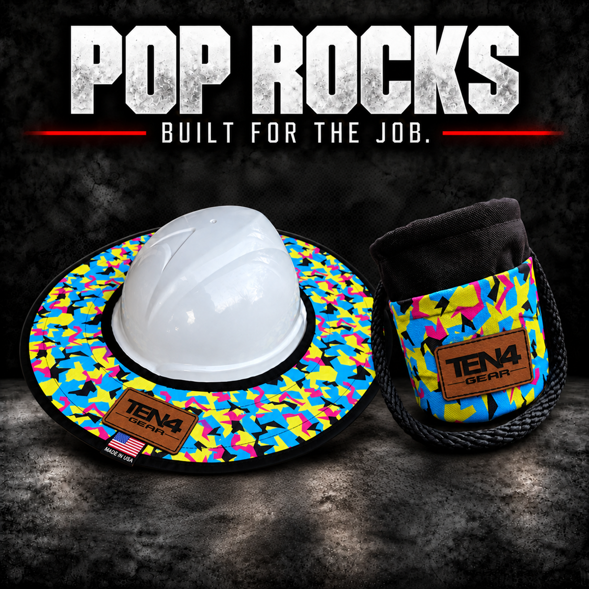 Pop Rocks matching set with matching brown rectangular TEN4 Gear patches; hard hat not included