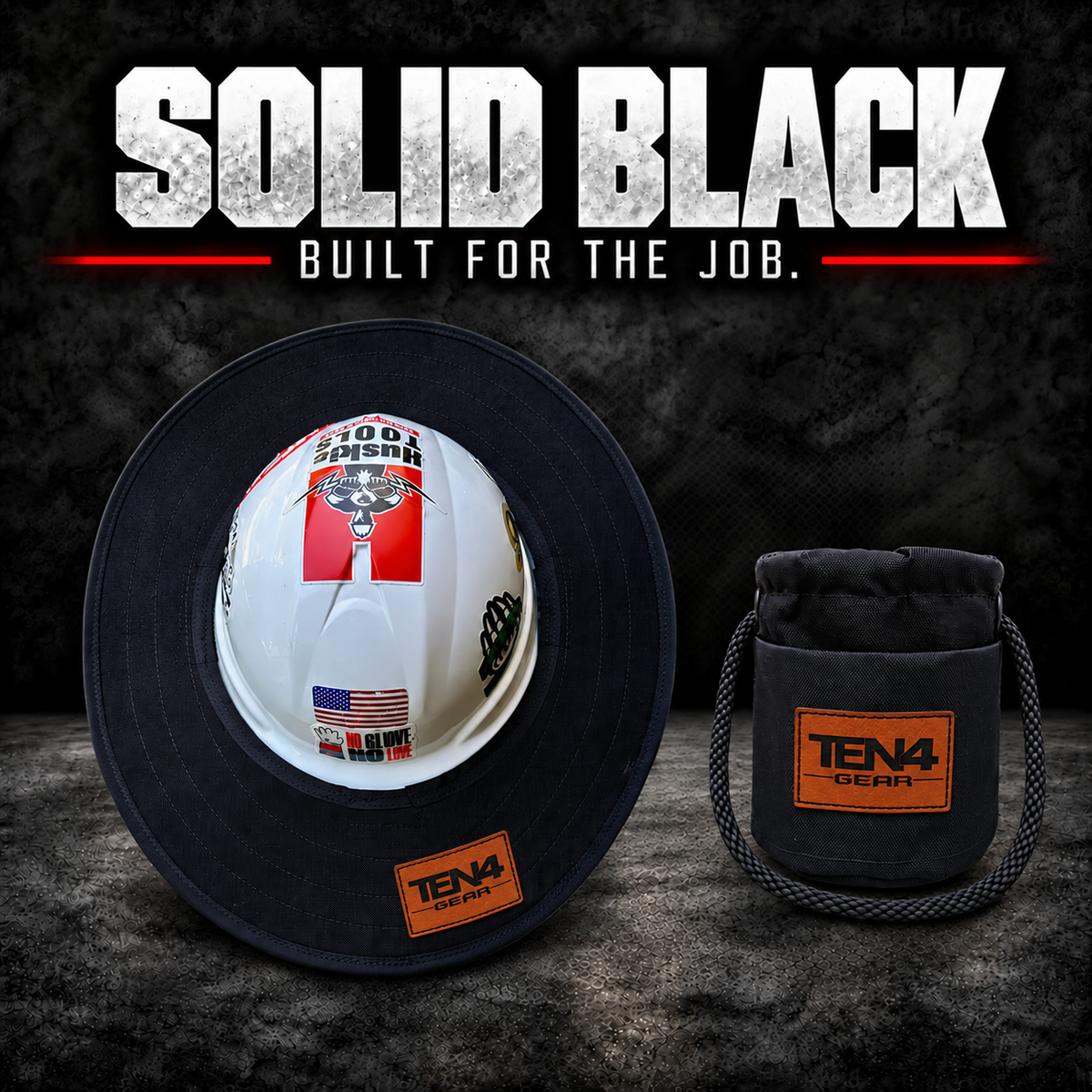 Solid Black matching set with matching brown rectangular TEN4 Gear patches; hard hat not included