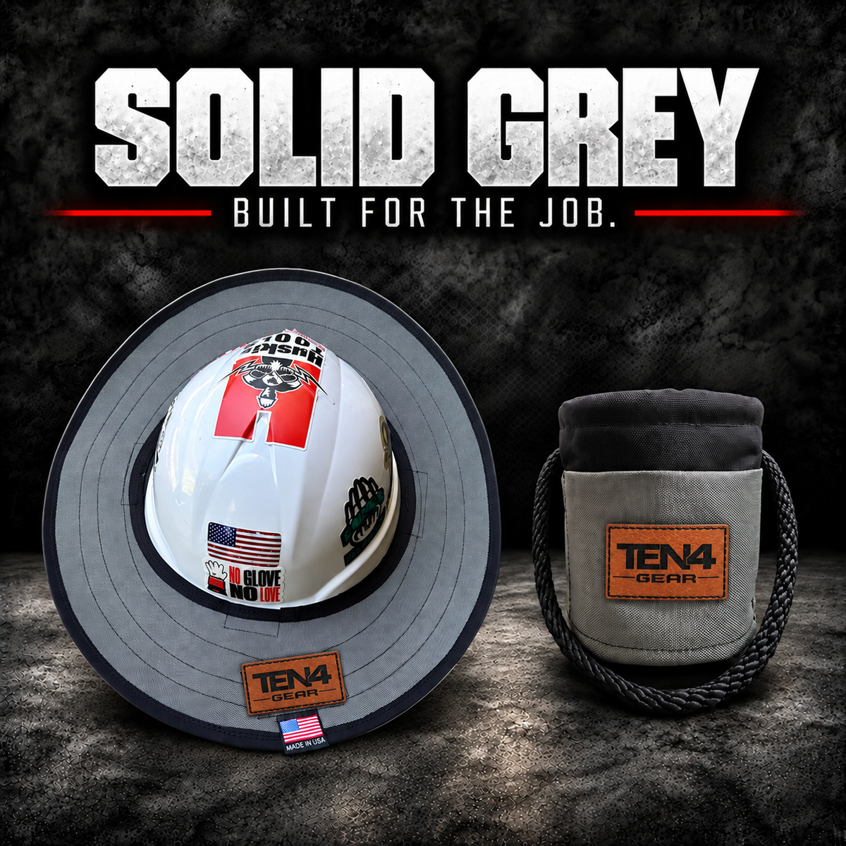Solid Grey matching set with matching brown rectangular TEN4 Gear patches; hard hat not included